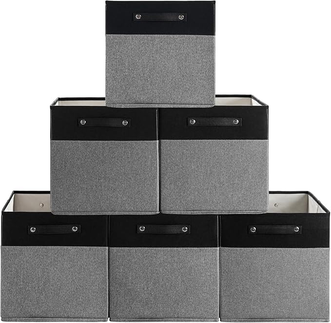 FinishingBo 13 x 13 Inch Fine Linen Storage Bins with Handles，Fabric Cube Boxs，Basket Organizers for Shelves for Home, Closet Drawers (Black/Gray-6 Pack)