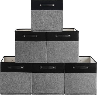 FinishingBo 13 x 13 Inch Fine Linen Storage Bins with Handles，Fabric Cube Boxs，Basket Organizers for Shelves for Home, Closet Drawers (Black/Gray-6 Pack)