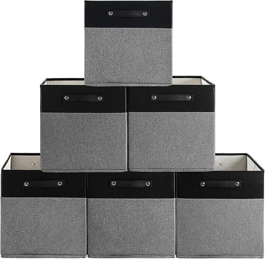 FinishingBo 13 x 13 Inch Fine Linen Storage Bins with Handles，Fabric Cube Boxs，Basket Organizers for Shelves for Home, Closet Drawers (Black/Gray-6 Pack)