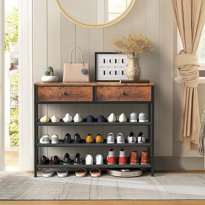 usikey Shoe Rack, 4 Tier Shoe Storage Organizer with 2 Drawers, Metal Shoe Shelf for 12-15 Pairs of Shoes, with 3 Oxford Fabric Shelves and Wooden Top, Shoe Stand for Entryway, Rustic Brown UNYXJX008F