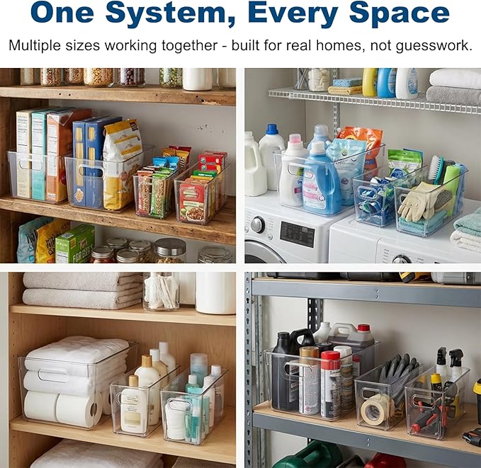 MOONEDGE Set of 4 Clear Plastic Organizer Bins, 2 Large & 2 Small Storage Bins for Pantry, Nestable Space-Saving Containers for Cabinets, Under-Sink, Bathroom, Kitchen & Freezer Organization