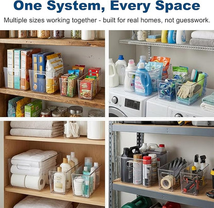 MOONEDGE Set of 4 Clear Plastic Organizer Bins, 2 Large & 2 Small Storage Bins for Pantry, Nestable Space-Saving Containers for Cabinets, Under-Sink, Bathroom, Kitchen & Freezer Organization