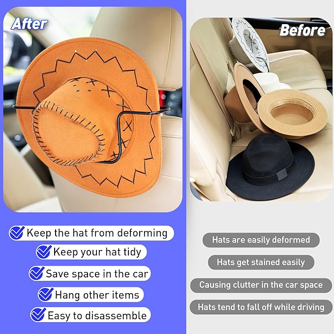 Feekoon Cowboy Hat Rack for Truck, 2 Pcs Hat Holder Rack for Truck SUV, Clothes Coat Hanger for Car Seat Accessories, Black