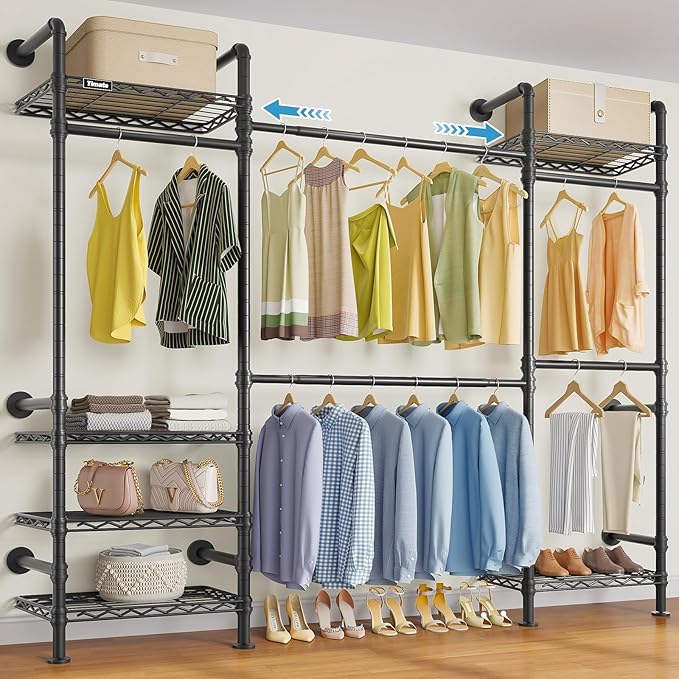 Timate F3 Medium Wall Mounted Clothes rack Expandable Closet, Industrial Pipe Clothing Rack for Hanging Clothes, Heavy Duty Clothes Rack with Shelves, Garment Rack Wall Closet System Black Pipe Closet