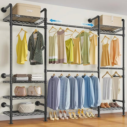 Timate F3 Medium Wall Mounted Clothes rack Expandable Closet, Industrial Pipe Clothing Rack for Hanging Clothes, Heavy Duty Clothes Rack with Shelves, Garment Rack Wall Closet System Black Pipe Closet