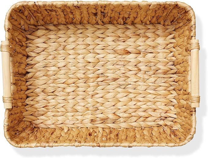 Casafield Set of 2 Water Hyacinth Oval Storage Baskets with Wooden Handles - Large, Woven Bin Organizers
