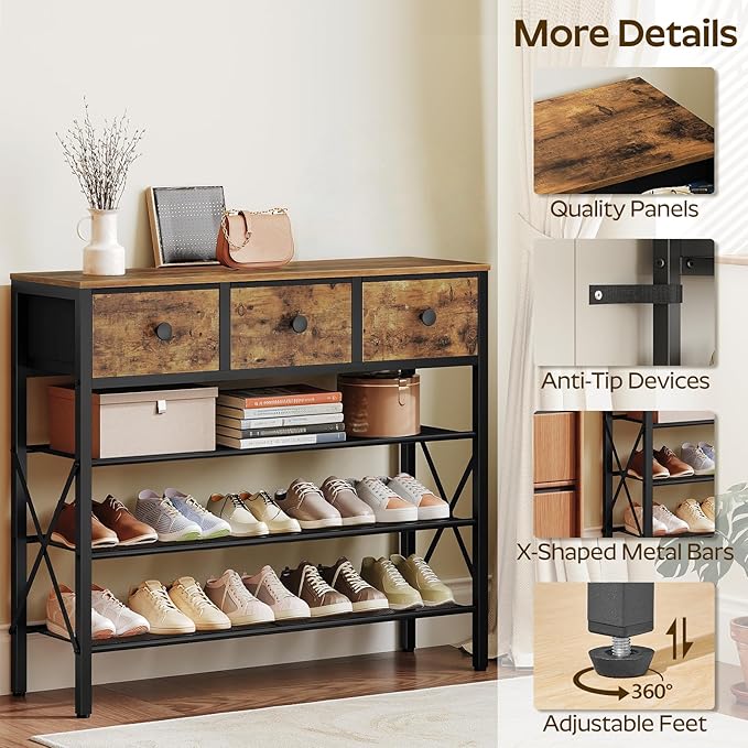 YATINEY 4-Tier Shoe Rack with 3 Drawers, Metal Shoe Organizer for 15 Pairs with Storage Shelves and Wooden Top, for Entryway, Hallway, Foyer, Closet, Rustic Brown and Black SS34BR