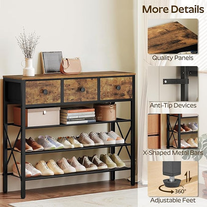 YATINEY 4-Tier Shoe Rack with 3 Drawers, Metal Shoe Organizer for 15 Pairs with Storage Shelves and Wooden Top, for Entryway, Hallway, Foyer, Closet, Rustic Brown and Black SS34BR