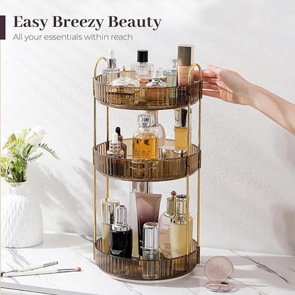 Aveniee Rotating Makeup Organizer for Vanity, 3 Tier Perfume Organizers and Storage for Bathroom Countertop, Clear Spinning Skincare Counter Shelf Holder for Dresser,Brown