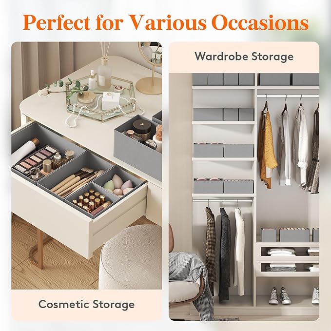 Lifewit Drawer Organizer Clothes for Closet 24 Pack, 3 Sizes Underwear Wardrobe Drawer Dividers, Fabric Foldable Dresser Storage Organizer Bins for Sock, Bra, Lingerie, Undies, Grey