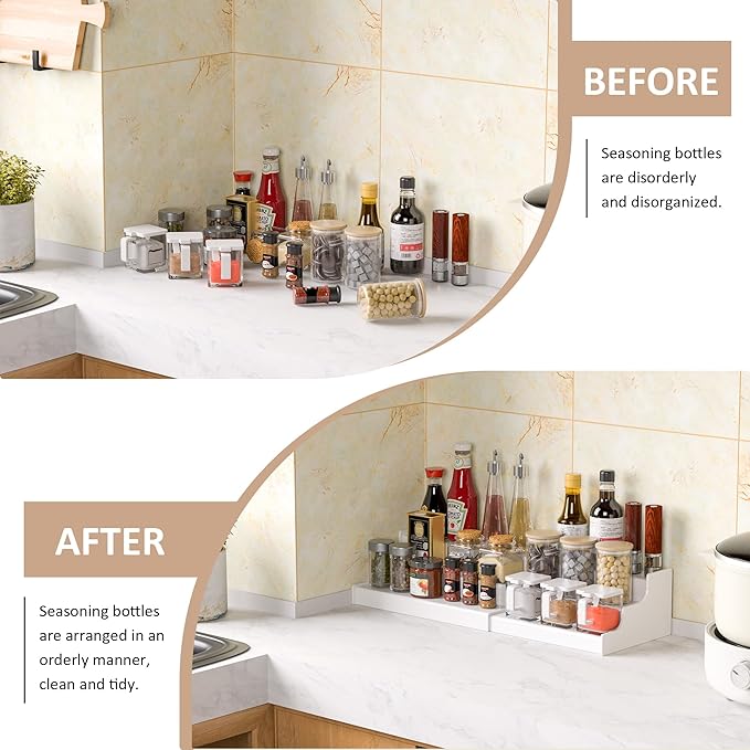 Sezanrpt Expandable Spice Rack Cabinet Organizer 3 Tier, White Kitchen Counter Display Shelf, Seasoning Organizer for Cabinet, Moisture Resistant