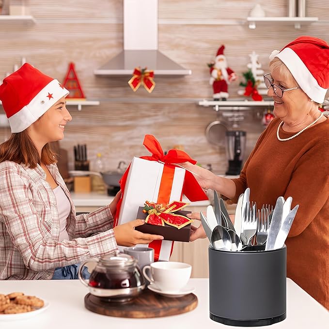 LIBODOUR Silverware Organizer Kitchen Utensil Holder 360°Rotating For Counter Organizer Stainless Steel Storage Silverware Caddy 3 Compartment Flatware Spoon Spatula Tool Cutlery Container(Grey)