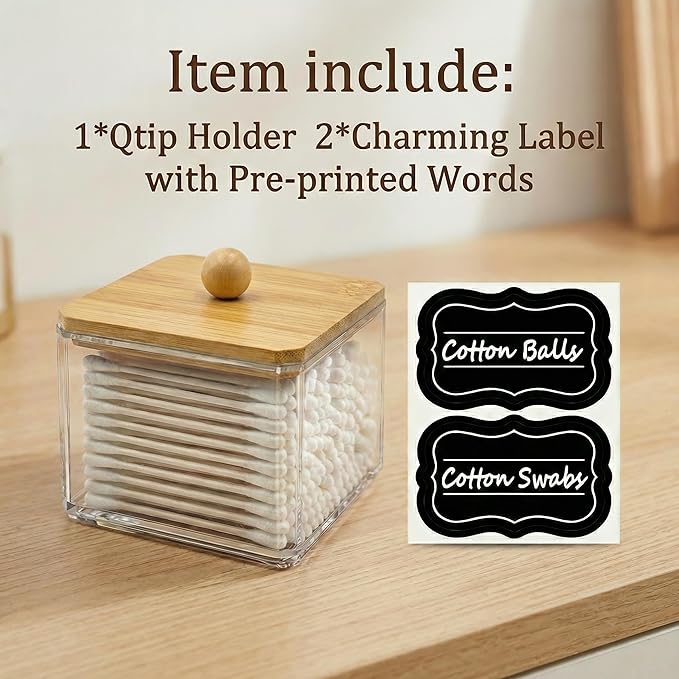 SheeChung Qtip Holder for Bathroom - Bamboo Lid Acrylic Cotton Swab Dispenser, Clear Apothecary Jar for Cotton Balls, Beauty Pads, Hair Ties, Boho Vanity Decor & Organizer (1pack)