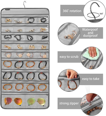 Hanging Jewelry Organizer for Holding Earrings Bracelets Rings Dual-Sided Necklace Holder with 52 Zippered Pockets and 7 Dustproof Hook Loops (GREY)