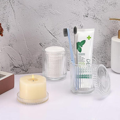 Hipiwe Glass Qtip Holder Dispenser - 2 Pcs Apothecary Jars Set with Lid, Clear Cotton Swabs and Balls Canister, Vanity Makeup Organizers and Storage Bathroom Essentials Accessories Decor