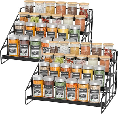 Bunoxea Spice Rack 4 Tier Kitchen Cabinet Organizer,Countertop Spice Rack,Tier Depth Adjustable Cabinet Shelf,Step Spice Organization Easy Visibility,Holds Seasoning and Condiments 2Pack