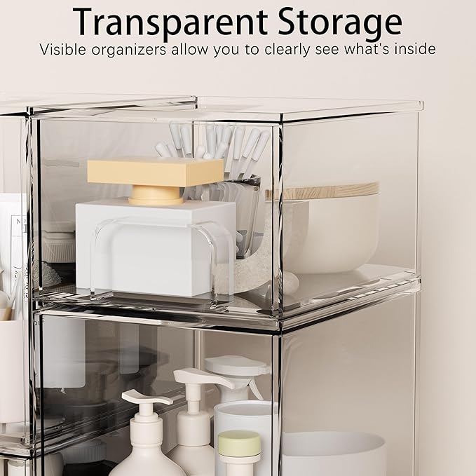 5 Pack Stackable Storage Drawers, Clear Plastic Organizer Bins with Pull-out Handle for Makeup, Ideal for Vanity, Bathroom, Undersink, Cabinet, Pantry Organization