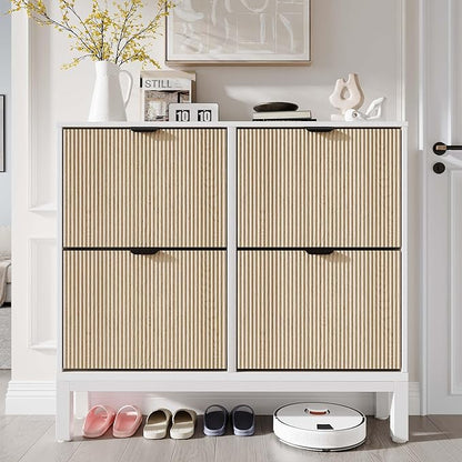 IDEALHOUSE Shoe Storage Cabinet with 4 Flip Drawers, Farmhouse Fluted Shoe Organizer with Metal Legs, Freestanding Hidden Slim Narrow Shoe Rack for Entryway, Foyer, Hallway