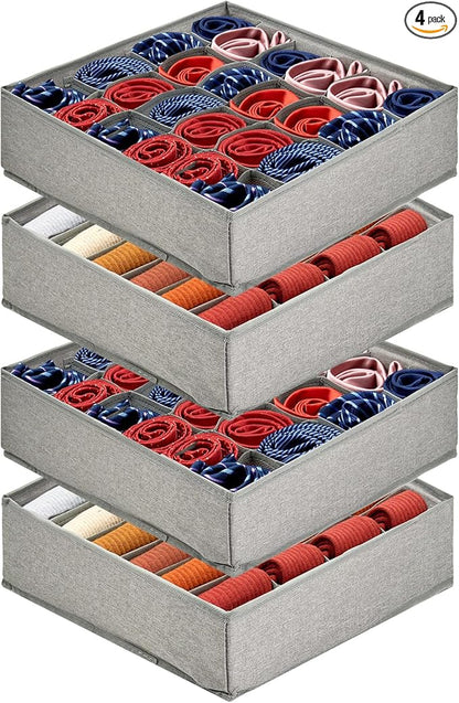 PINGMIC Gray Sock Organizer Divider 4 Pack - 24 Cell Foldable Closet Storage, Tie Organizer For Men Boxes for Socks, Ties, Belts