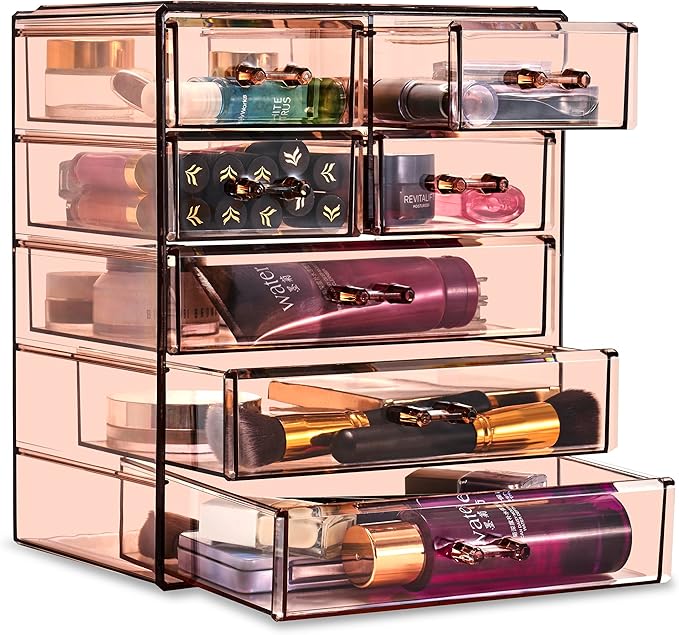 Sorbus Acrylic Makeup Organizer Set, 6-Drawer Vanity & Countertop Cosmetic Storage with Small & Wide Drawers, Bronze Glow Makeup Storage for Brushes, Lipsticks, Jewelry, Holiday Gift for Women & Teens