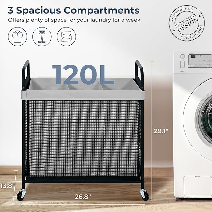 STO STO Laundry Hamper 3 Section, 120L Rolling Laundry Sorter Cart with Removable and Washable Liner Bag, Clothes Hamper with Wheels and Metal Handle for Laundry Room and Bedroom, Gray