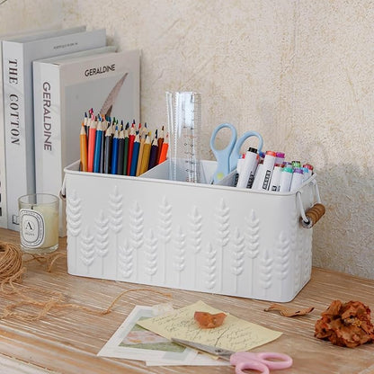 Silverware Caddy for Party Kitchen Flatware Holder for Countertop Metal White Ear of Wheat Pattern Embossed Cutlery Organizer with 3 Compartments for Utensils, Spoons, Knives, Forks