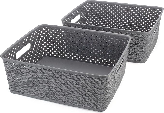 BROOKSTONE, 2 Pack Large Storage Baskets with Handles, Decorative Woven Pattern, Versatile and Stylish Organizers for Home, BPA Free Plastic Bins