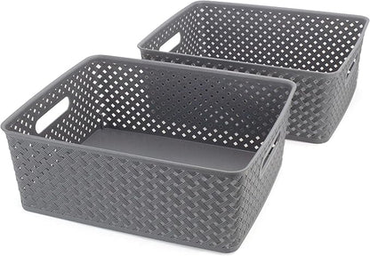 BROOKSTONE, 2 Pack Large Storage Baskets with Handles, Decorative Woven Pattern, Versatile and Stylish Organizers for Home, BPA Free Plastic Bins