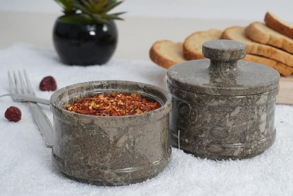 Radicaln Salt & Pepper Bowl – 5” Handmade Marble Oceanic Dual Salt Cellar With Lid – 2” Each Brown Sugar Keeper Spice Herbs Container Kitchen Accessories