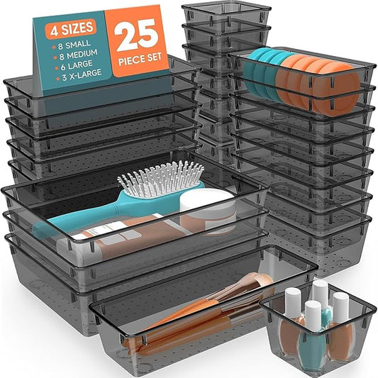 SpaceHacks 25 PCS Plastic Drawer Organizer Set, 4-Size Versatile Organizer Tool Trays & storage Bins for Makeup, Jewelry, and Gadgets in Bathroom, Bedroom and Office,Clear Black