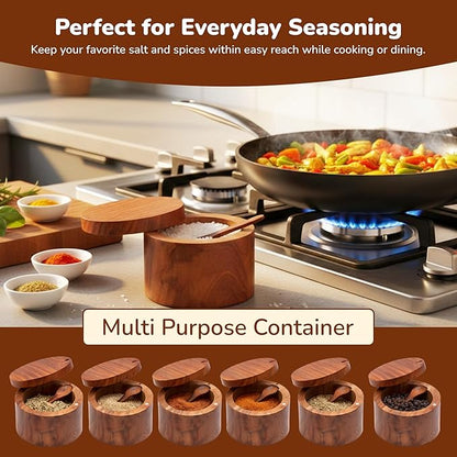 Wooden Salt Cellar with Magnetic Swivel Lid & Built-in Spoon, Salt Box for Kitchen Countertop, Premium Rosewood Salt Keeper for Sea Salt, Pepper & Spices (4.5 oz)