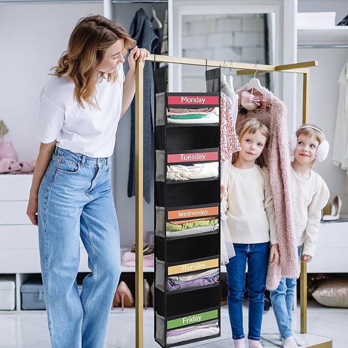 Black White 2 Pack 5 Shelf Weekly Clothes Organizer for Kids Over the Door Hanging Storage Monday through Friday Heavy Duty Clothes Organization for Bathroom Nursery Bathroom Kitchen