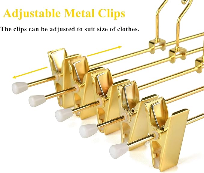 Amber Home 10 Pack Shiny Gold 12 Inch Metal Pants Skirts Hanger, Sturdy for Slacks Trousers with 2 Adjustable Non Slip Clips and Swivel Hook (10 Pack)