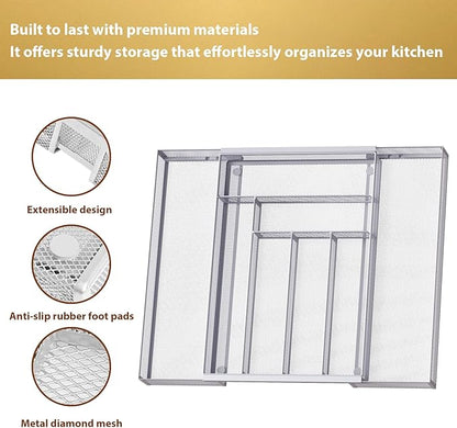 Sedegn Silverware Organizer Metal Mesh, Large Drawer Organizer, Utensil Cutlery Tray for kitchen drawers, Expandable Flatware Organizer with 8 Compartment Silver 11.6"~20" x 17.3"