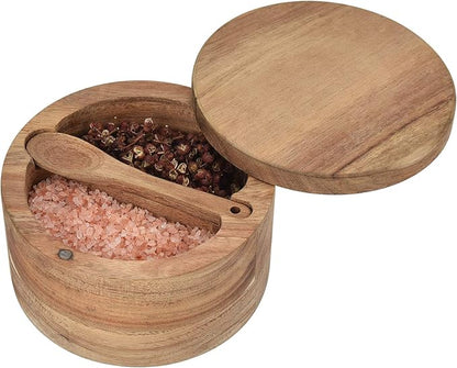 Acacia Wood Salt and Pepper Cellar with Swivel Magnetic Lid Serving Spoon inside 2-Compartment for Storing Salt,Herbs,Spices