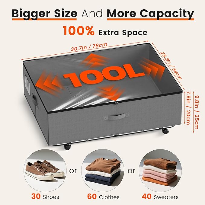 XXXL 100L Under Bed Storage with Wheels, Rolling Storage Containers with Support & Clear Lid, Heavy-Duty Metal Frame, Easy Pull-out, Underbed Storage Bins for Clothes, Shoes, Blankets, and Toys 2 pack