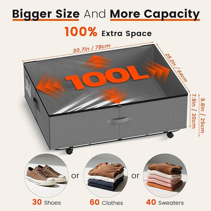 XXXL 100L Under Bed Storage with Wheels, Rolling Storage Containers with Support & Clear Lid, Heavy-Duty Metal Frame, Easy Pull-out, Underbed Storage Bins for Clothes, Shoes, Blankets, and Toys 2 pack