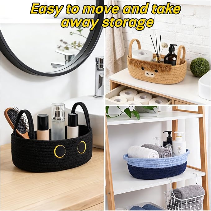 Toilet Black Cat Paper Basket–Cute Cat Oval Woven Bathroom Organizer Toilet Tank Decorative Storage Basket, Shelf Rope Cotton Cat Bin with Handles, Wedding Towel Holder, 13" D x 7.48" H in