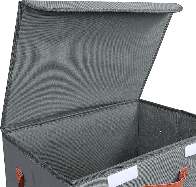 Univivi Heavy Duty Fabric Storage Bins with Lid, Large 17" 10 Gallon Stackable Storage Cube with Leather Handles, Decorative Storage Boxes with Lids for Bedroom, Closet, Nursery, Office, 3-Pack(Grey)
