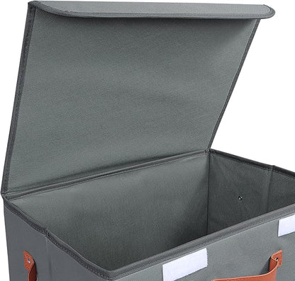 Univivi Heavy Duty Fabric Storage Bins with Lid, Large 17" 10 Gallon Stackable Storage Cube with Leather Handles, Decorative Storage Boxes with Lids for Bedroom, Closet, Nursery, Office, 3-Pack(Grey)