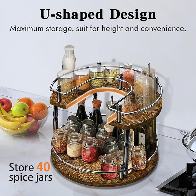 2 Tier Lazy Susan Organizer Turntable for Cabinet U-Shape Spinning Makeup Organizer 11.8" Rotating Spice Rack Height Adjustable, Pantry, Kitchen Countertop, Party, Bedroom