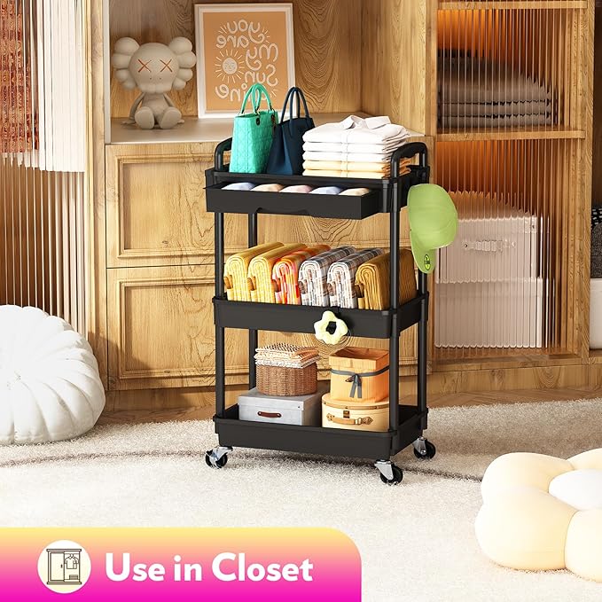 SUNALLY Makeup Cart Organizer with Drawers, Floor Skincare Organizers Vanity Storage Organizer, Rolling Makeup Bathroom Storage Cart Cosmetics Display Cases for Skin Care Perfume Nail Polish, Black