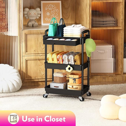 SUNALLY Makeup Cart Organizer with Drawers, Floor Skincare Organizers Vanity Storage Organizer, Rolling Makeup Bathroom Storage Cart Cosmetics Display Cases for Skin Care Perfume Nail Polish, Black