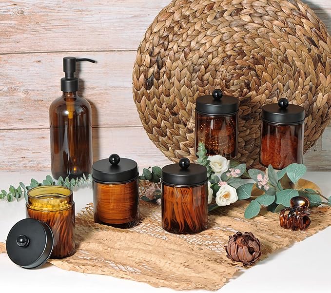 Amolliar Amber Glass Qtip Holder, Apothecary Jars with Matte Black Metal Lid & Stickers-Bathroom Qtip Dispenser Storage Organizer Set,Vanity Counter Canister for Cotton Swabs,Round Pads,Floss (4 Pack)