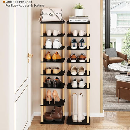 LUCKNOCK Vertical Shoe Rack, 8-Tier Tall Narrow Shoe Organizer for Entryway, Closet, Dorm & Small Spaces, Freestanding Wooden Shoe Shelf Tower for Boots, Sneakers, Heels. (Black)
