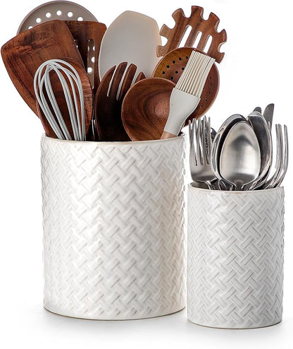 Nucookery Utensil Holder, Extra Large Ceramic Utensil Crock for Kitchen Counter, Stable Spatula & Flatware Organizer, Farmhouse Embossed Kitchen Decor, Set of 2 (Woven Pattern)