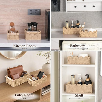 iEGrow Paper Rope Small Storage Baskets for Organizing, Set of 2 Scalloped Edge Wicker Basket with Wooden Handles Toilet Paper Basket for Over Toilet Storage Shelf, Home Decor, Living Room (Beige)
