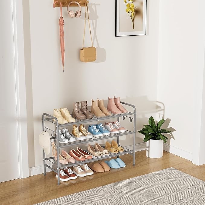 VILICK 3 Tier Shoe Rack 33" Wide Metal Shoe Organizer Long Shoe Storage with 4 Side Hooks Sturdy Shoes Shelf for Front Door Entrance, Closet, Garage, Dorm, Grey