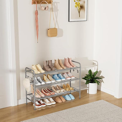 VILICK 3 Tier Shoe Rack 33" Wide Metal Shoe Organizer Long Shoe Storage with 4 Side Hooks Sturdy Shoes Shelf for Front Door Entrance, Closet, Garage, Dorm, Grey