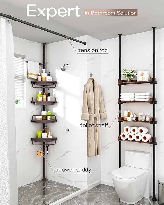 ALLZONE Corner Shower Caddy Tension Pole, Extendable Rustproof Stainless Steel Pole & 4-Tier Adjustable Shelves for Easy Drainage and Built-to-Last Stability, 34 to 116 Inches, Brown